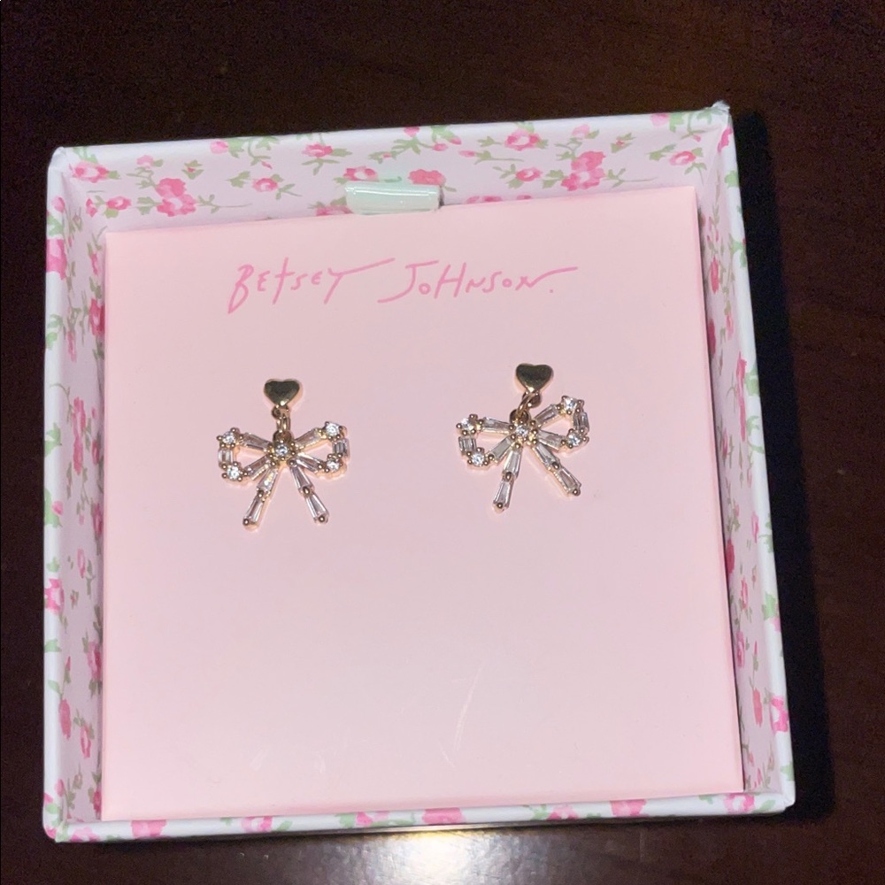 Betsey Johnson Gold Bow Earrings with Heart Accents